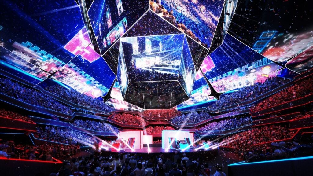 A dazzling esports arena packed with excited spectators, featuring an elaborate stage surrounded by towering digital screens under a vibrant light show, creating an electrifying atmosphere for a high-stakes gaming tournament.